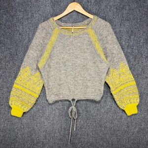 Free People Gray Yellow Wool Alpaca Blend Intarsia Drawstring Sweater Small
